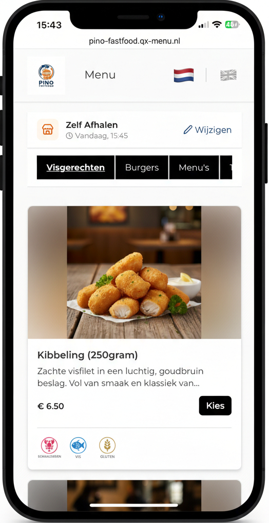 Bestelwebsite op de telefoon: menukaart